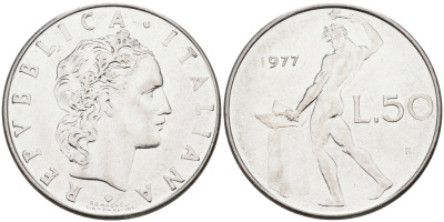 Италия 50 лир 1977 R, бог огня Вулкан у наковальни KM 95.1 нержавеющая сталь 4116-351