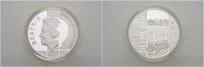 Нидерланды 10 гульденов 1994 50 лет Бе-Ни-Люкс, три здания парламентов KM 216 серебро PROOF 1099-2-32