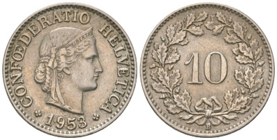 Швейцария 10 раппенов 1953 B KM 27 медно-никель 220-451