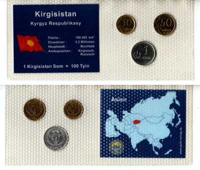 Киргизия набор из 3 монет (10 и 50 тыйын; 1 сом) 2008 в красочной упаковке с информацией о стране KM 12, 13 и 14 UNC 5-4-1-77