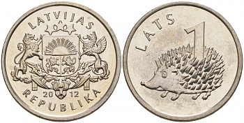 Латвия 1 лат 2012 ежик KM 135 медно-никель UNC M16-09