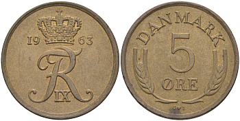 ДАНИЯ 5 ЭРЕ 1963 C; S, ФРЕДЕРИК IX (1947-1972) KM 848.1 бронза 106-111