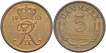 ДАНИЯ 5 ЭРЕ 1963 C; S, ФРЕДЕРИК IX (1947-1972) KM 848.1 бронза 67-725