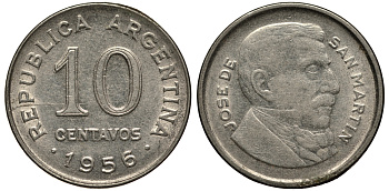 Аргентина 10 сентаво 1956 генерал Хосе де Сан Мартин KM 51 сталь плакированная никелем 4181-427
