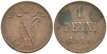 РОССИЯ ДЛЯ ФИНЛЯНДИИ 1 ПЕННИ 1916 НИКОЛАЙ II (1895-1917) KM 13, Биткин 476 медь 211-1112