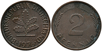 ФРГ 2 пфеннига 1976 F KM 106а, J.381а сталь плакированная медью 99-225