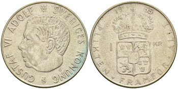 Швеция 1 крона 1955 TS, Густав VI Адольф (1950-1973) KM 826 серебро 3851-1221