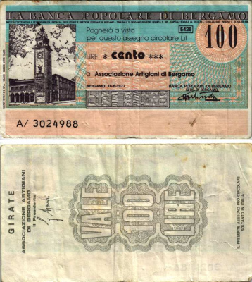 Италия 100 лир 1977 16 июня 1977 La Banca popoLare Di bergamo бумага 7221-24-2-1
