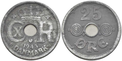 Дания 25 эре 1943 N ; GJ, Кристиан X (1912-1947) KM 823.2a цинк 4383-935