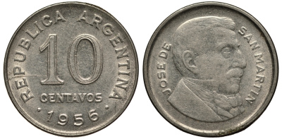 Аргентина 10 сентаво 1956 генерал Хосе де Сан Мартин KM 51 сталь плакированная никелем 4181-427
