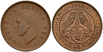 ЮАР 1/4 пенни 1950 Георг VI (1937-1952) KM 32.1 бронза 4164-663