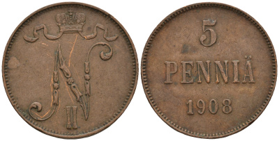 Россия для Финляндии 5 пенни 1908 Николай II (1894-1917) KM 15, Биткин 449 медь 259-1152
