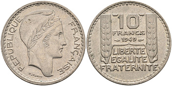 Франция 10 франков 1949 тип Пьер Турин, Petite Tete KM 909.1, Le Franc 362.6 медно-никель 81-1133