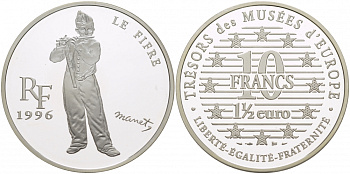 Франция 10 франков = 1 1/2 евро 1996 серия сокровища музеев Европы, игрок на флейте Эдуарда Мане KM 1122 серебро PROOF 1068-4-52
