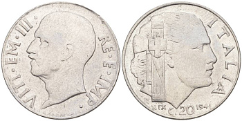 ИТАЛИЯ 20 ЧЕНТЕЗИМО 1941 R, ГОД XIX, ВИКТОР ЭММАНУИЛ III (1900-1946) KM 75b, VEM3. 1028 нержавеющая сталь 3853-1014