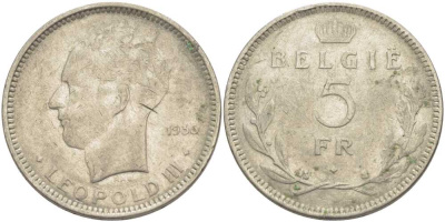 Бельгия 5 франков 1936 Леопольд III (1934-1951), Belgie KM 109 никель 3851-521
