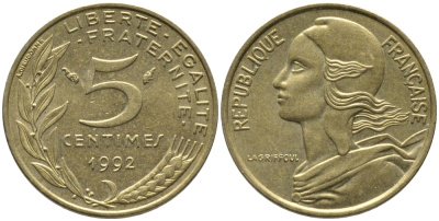 ФРАНЦИЯ 5 САНТИМОВ 1992 ТИП MARIANNE KM 933 медь алюминий никель 99-1125