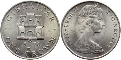 Гибралтар 1 крона 1970 Елизавета II (1952-2022), старый замок KM 4 медно-никель UNC 74-635