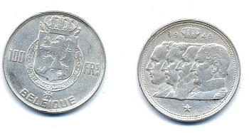 Бельгия 100 франков 1948 Belgique, королевская династия KM 138.1 серебро 4178-1221