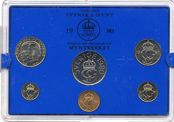 Швеция набор монетного двора из 6 монет 1980 в пластике, Карл XVI Густав (1973- ) KM MS15 UNC 4-3-6-123