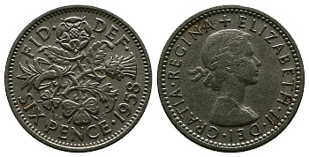 Великобритания 6 пенсов 1958 Елизавета II (1952-2022) KM 903, Spink 4149 медно-никель 4381-668