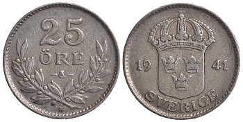 Швеция 25 эре 1941 G, Густав V (1907-1950) KM 785 серебро 4179-854