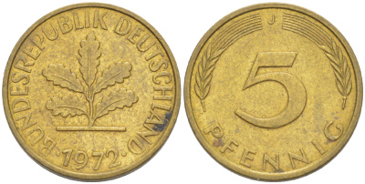 ФРГ 5 ПФЕННИГОВ 1972 J KM 107, J. 382 сталь плакированная латунью 4181-937