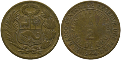 Перу 1/2 соль 1944 KM 220.5, Schon 23 латунь 4539-345