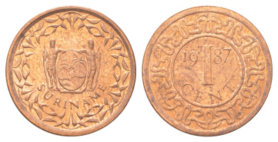 Суринам 1 цент 1987 редкий год KM 11b сталь плакированная медью UNC 4625-258
