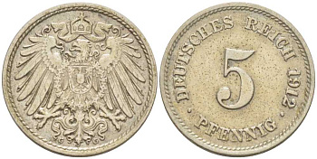 ГЕРМАНИЯ 5 ПФЕННИГОВ 1912 G KM 11, J. 12, Weege 6 медно-никель 206-1014