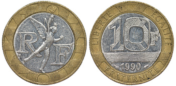 Франция 10 франков 1990 тип Гений Бастилии KM 964.1, Le Frank 375.5 биметалл 45-813