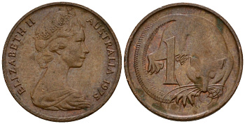 Австралия 1 цент 1975 Елизавета II (1953-), молодой портрет, опоссум KM 62 бронза 4602-221