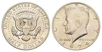 США 1/2 доллара (50 центов) 1974 Джон Кеннеди KM 202b медь плакированная медно-никелем aUNC 4536-536