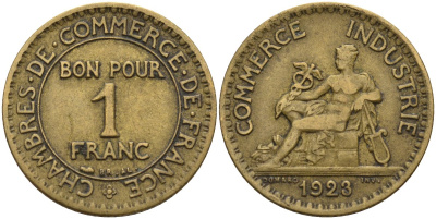 Франция 1 франк 1923 KM 876, Le Franc 218.5 алюминиевая бронза 4142-655