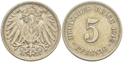 ГЕРМАНИЯ 5 ПФЕННИГОВ 1912 G KM 11, J. 12, Weege 6 медно-никель 206-1014