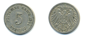 ГЕРМАНИЯ 5 ПФЕННИГОВ 1894 A, KM 11, J. 12 медно-никель 4379-368