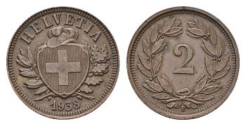 Швейцария 2 раппена 1938 B KM 4.2a бронза 4679-442