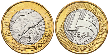 Бразилия 1 реал 2014 XXXI летние Олимпийские Игры, Рио-де-Жанейро 2016 - Плавание KM 688 биметалл UNC 4139-226