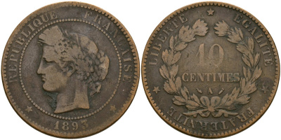 Франция 10 сантимов 1893 A, Третья республика (1871-1940) KM 815.1, Le Franc 135.33 бронза 4123-722
