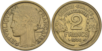Франция 2 франка 1936 KM 886, Le Franc 268.9 алюминиевая бронза 4593-314