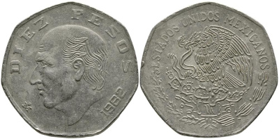 МЕКСИКА 10 ПЕСО 1982 МАНУЭЛЬ ХИДАЛЬГО КАСТИЛЬЯ KM 477.2 медно-никель 114-1023