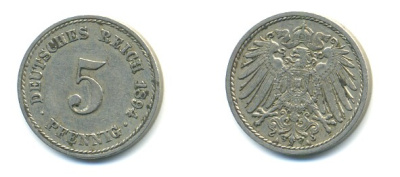 ГЕРМАНИЯ 5 ПФЕННИГОВ 1894 A, KM 11, J. 12 медно-никель 4379-368