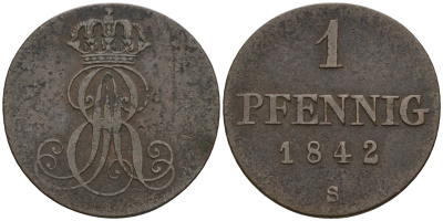 Ганновер 1 пфенниг 1842 S, Эрнст Август (1837-1851) KM 173.3, AKS 128, J. 54 медь 4608-357
