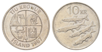 Исландия 10 крон 1987 рыбы KM 29.1 медно-никель 4691-233