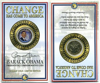 США 1/2 ДОЛЛАРА ( 50 ЦЕНТОВ ) ND ДЖОН КЕННЕДИ, ПРЕЗИДЕНТ БАРАК ОБАМА, ЦВЕТНАЯ ЭМАЛЬ, ПОЗОЛОТА, БУКЛЕТ медь плакированная медно-никелем UNC 06-081-55