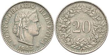 ШВЕЙЦАРИЯ 20 РАППЕНОВ 1943 В KM 29a медно-никель 55-655