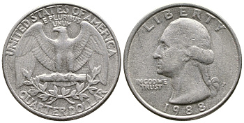 США 25 ЦЕНТОВ = КВОТЕР 1988 P, ВАШИНГТОН KM А164а медь плакированная медно-никелем 23-234