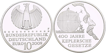 ФРГ 10 евро 2009 G, 400 лет законам Кеплера KM 280, DE.S. 10.40 серебро PROOF 1085-5-74