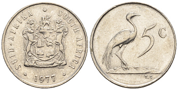 ЮАР 5 центов 1977 герб, райский журавль KM 84 никель 4609-344