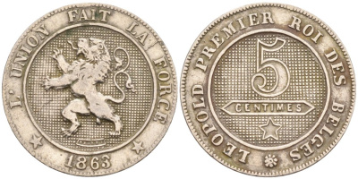 Бельгия 5 сантимов 1863 Belges KM 21 медно-никель 188-1147